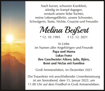 Traueranzeige von Melina Beißert  von Magdeburger Volksstimme