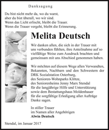 Traueranzeige von Melita Deutsch  von Magdeburger Volksstimme