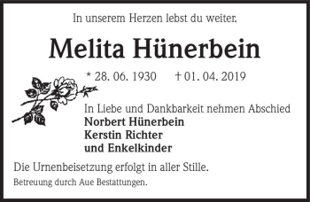 Traueranzeige von Melita Hünerbein  von Magdeburger Volksstimme