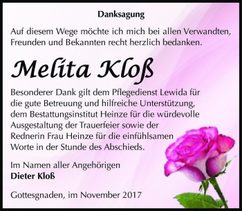 Traueranzeige von Melita Kloß  von Magdeburger Volksstimme