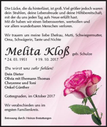 Traueranzeige von Melita Kloß (geb. Schulze)  von Magdeburger Volksstimme