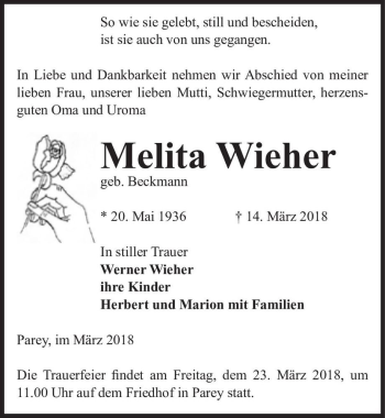 Traueranzeige von Melita Wieher (geb. Beckmann)  von Magdeburger Volksstimme