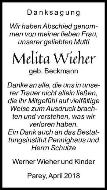 Traueranzeige von Melita Wieher (geb. Beckmann)  von Magdeburger Volksstimme