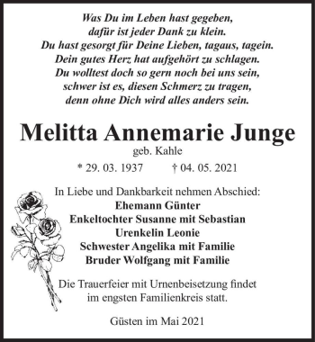 Traueranzeige von Melitta Annemarie Junge (geb. Kahle)  von Magdeburger Volksstimme