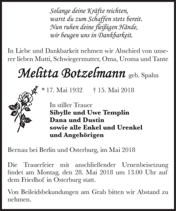 Traueranzeige von Melitta Botzelmann (geb. Spahn)  von Magdeburger Volksstimme