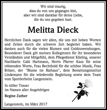 Traueranzeige von Melitta Dieck  von Magdeburger Volksstimme