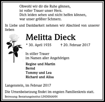 Traueranzeige von Melitta Dieck  von Magdeburger Volksstimme