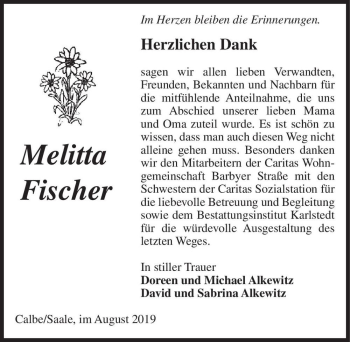 Traueranzeige von Melitta Fischer  von Magdeburger Volksstimme