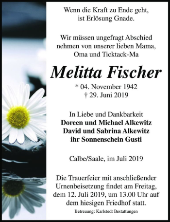 Traueranzeige von Melitta Fischer  von Magdeburger Volksstimme