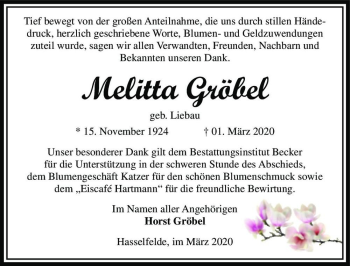 Traueranzeige von Melitta Gröbel (geb. Liebau)  von Magdeburger Volksstimme