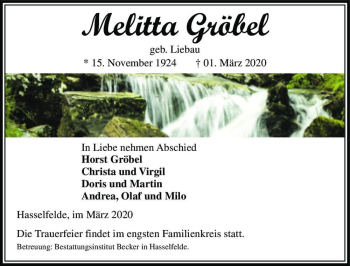 Traueranzeige von Melitta Gröbel (geb. Liebau)  von Magdeburger Volksstimme