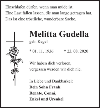 Traueranzeige von Melitta Gudella (geb. Kegel)  von Magdeburger Volksstimme