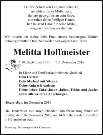 Traueranzeige von Melitta Hoffmeister  von Magdeburger Volksstimme
