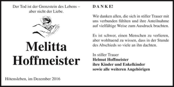 Traueranzeige von Melitta Hoffmeister  von Magdeburger Volksstimme