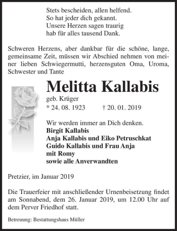 Traueranzeige von Melitta Kallabis (geb. Teitge)  von Magdeburger Volksstimme