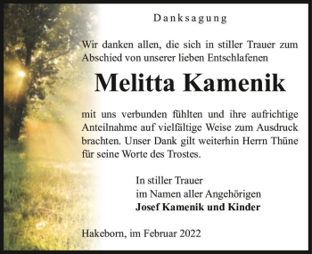 Traueranzeige von Melitta Kamenik  von Magdeburger Volksstimme
