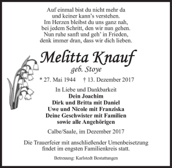 Traueranzeige von Melitta Knauf (geb. Stoye)  von Magdeburger Volksstimme