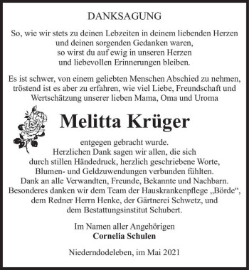 Traueranzeige von Melitta Krüger  von Magdeburger Volksstimme