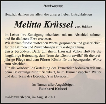 Traueranzeige von Melitta Krüssel (geb. Kühne)  von Magdeburger Volksstimme