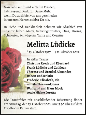 Traueranzeige von Melitta Lüdicke  von Magdeburger Volksstimme