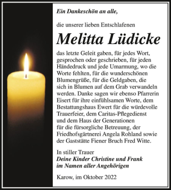 Traueranzeige von Melitta Lüdicke  von Magdeburger Volksstimme
