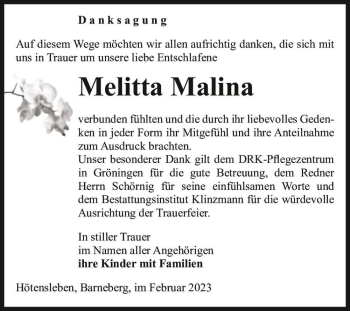 Traueranzeige von Melitta Malina  von Magdeburger Volksstimme