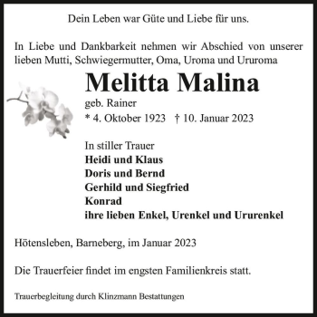 Traueranzeige von Melitta Malina (geb. Rainer)  von Magdeburger Volksstimme