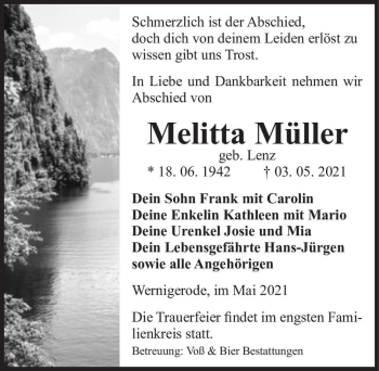 Traueranzeige von Melitta Müller (geb. Lenz)  von Magdeburger Volksstimme