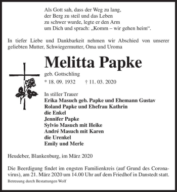 Traueranzeige von Melitta Papke (geb. Gottschling)  von Magdeburger Volksstimme