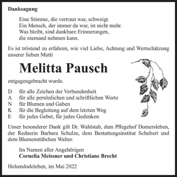 Traueranzeige von Melitta Pausch  von Magdeburger Volksstimme