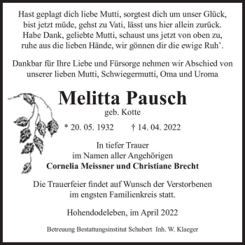 Traueranzeige von Melitta Pausch (geb. Kotte)  von Magdeburger Volksstimme