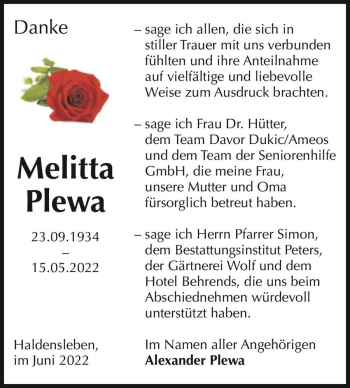 Traueranzeige von Melitta Plewa  von Magdeburger Volksstimme