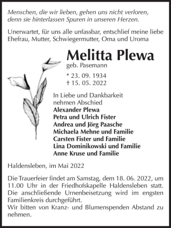 Traueranzeige von Melitta Plewa (geb. Pasemann)  von Magdeburger Volksstimme