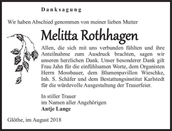 Traueranzeige von Melitta Rothhagen  von Magdeburger Volksstimme