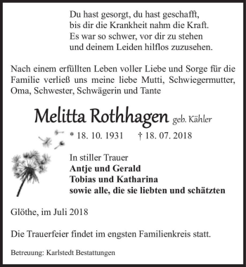 Traueranzeige von Melitta Rothhagen (geb. Kähler)  von Magdeburger Volksstimme