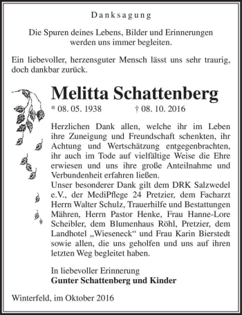 Traueranzeige von Melitta Schattenberg  von Magdeburger Volksstimme