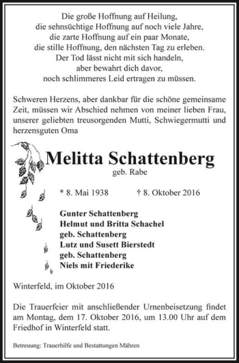 Traueranzeige von Melitta Schattenberg (geb. Rabe)  von Magdeburger Volksstimme
