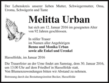 Traueranzeige von Melitta Urban  von Magdeburger Volksstimme