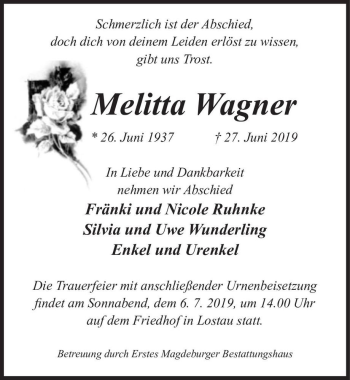 Traueranzeige von Melitta Wagner  von Magdeburger Volksstimme