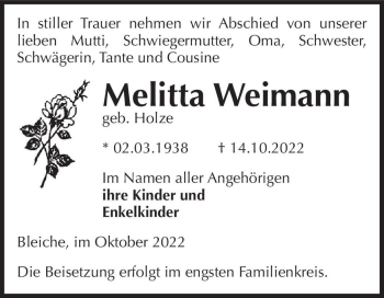 Traueranzeige von Melitta Weimann (geb. Holze)  von Magdeburger Volksstimme