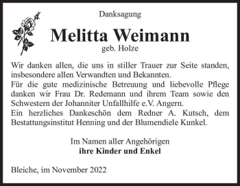 Traueranzeige von Melitta Weimann (geb. Holze)  von Magdeburger Volksstimme