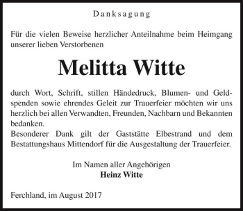 Traueranzeige von Melitta Witte  von Magdeburger Volksstimme