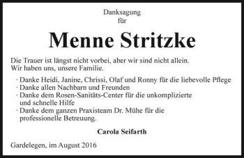 Traueranzeige von Menne Stritzke  von Magdeburger Volksstimme