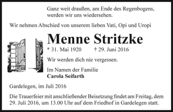 Traueranzeige von Menne Stritzke  von Magdeburger Volksstimme