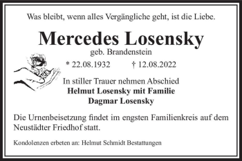 Traueranzeige von Mercedes Losensky (geb. Brandenstein)  von Magdeburger Volksstimme