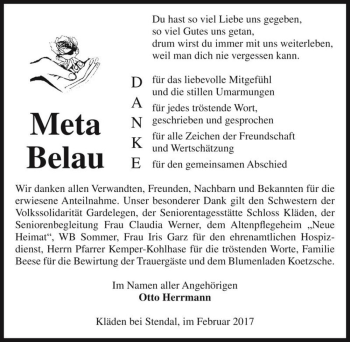Traueranzeige von Meta Belau  von Magdeburger Volksstimme