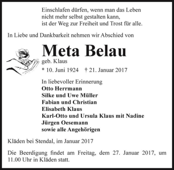 Traueranzeige von Meta Belau (geb. Klaus)  von Magdeburger Volksstimme