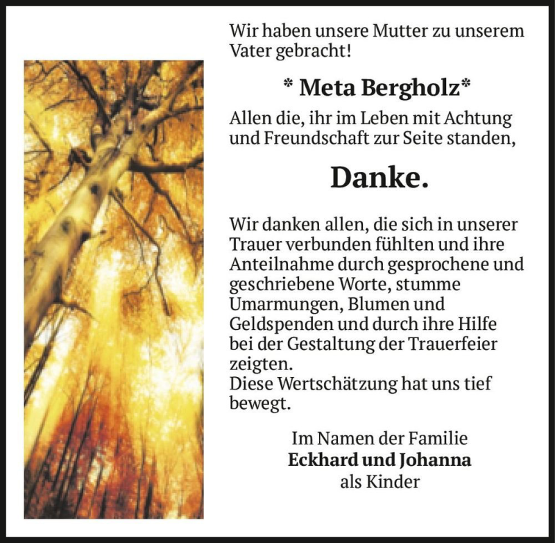  Traueranzeige für Meta Bergholz  vom 14.08.2021 aus Magdeburger Volksstimme