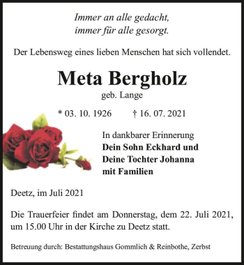 Traueranzeige von Meta Bergholz (geb. Lange)  von Magdeburger Volksstimme