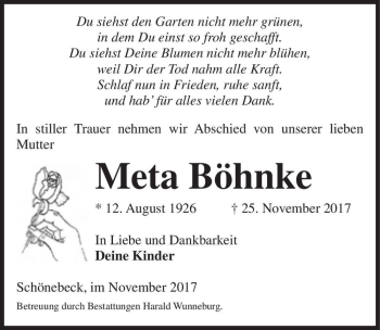 Traueranzeige von Meta Böhnke  von Magdeburger Volksstimme
